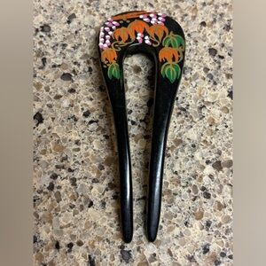 Vtg Celluloid Painted Flowers Hair Comb Pick Made In Taiwan Black